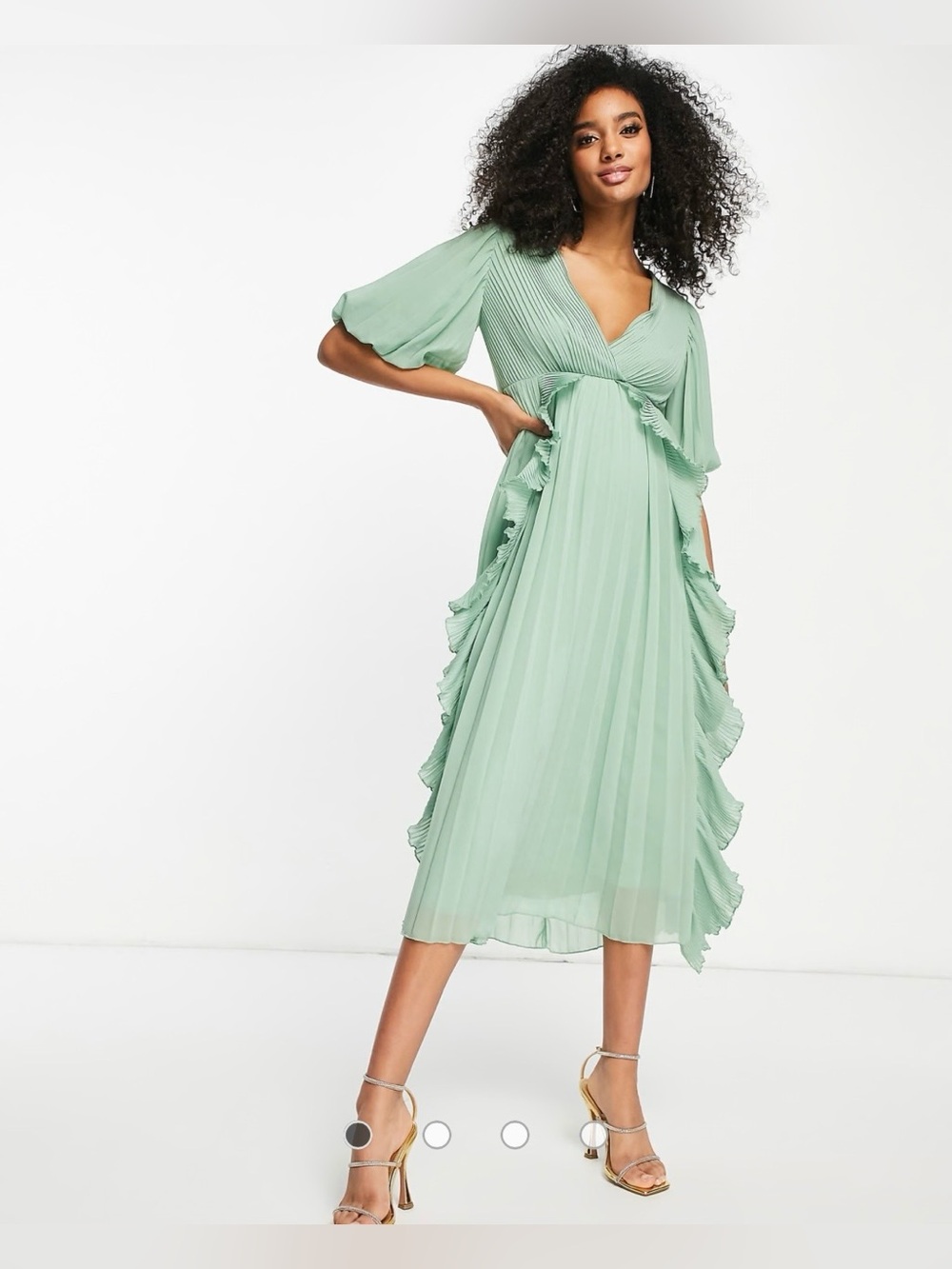 ASOS | NWT DESIGN WRAP FRONT RUFFLE MICRO PLEAT MIDI DRESS IN SAGE GREEN SIZE 4